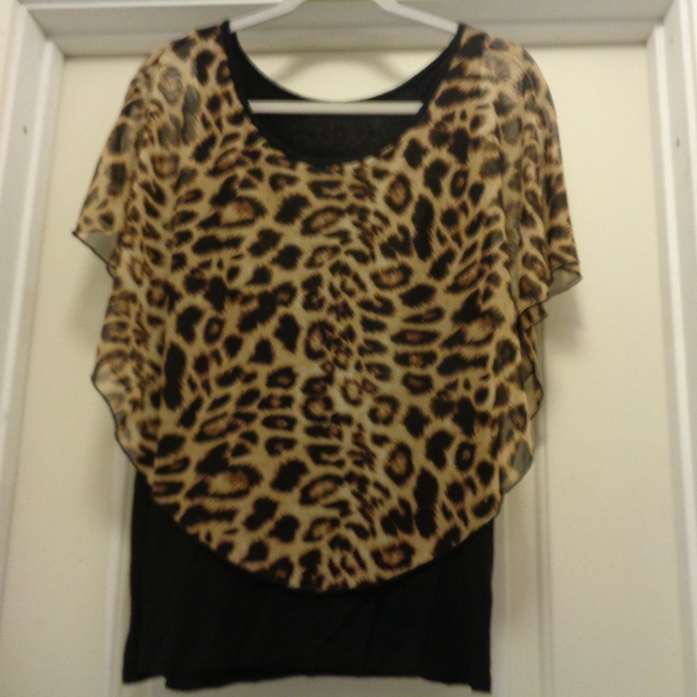 TRENDING ANIMAL CLASSIC GIRL RICH MOM RETRO CHEETAH DRAPED TUNIC STYLE BLOUSE LG